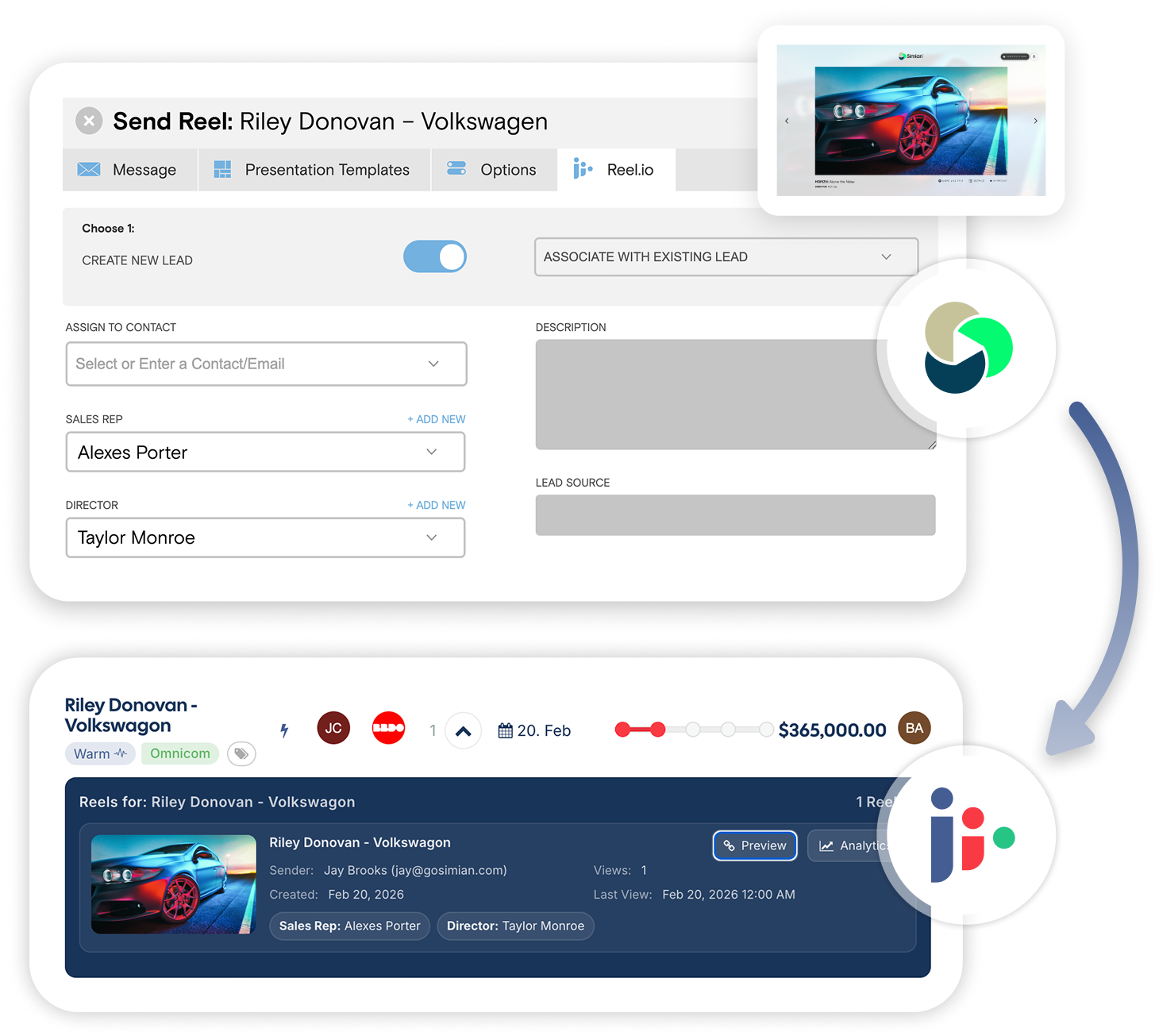 A reel send becoming a tracked opportunity in Reel.io